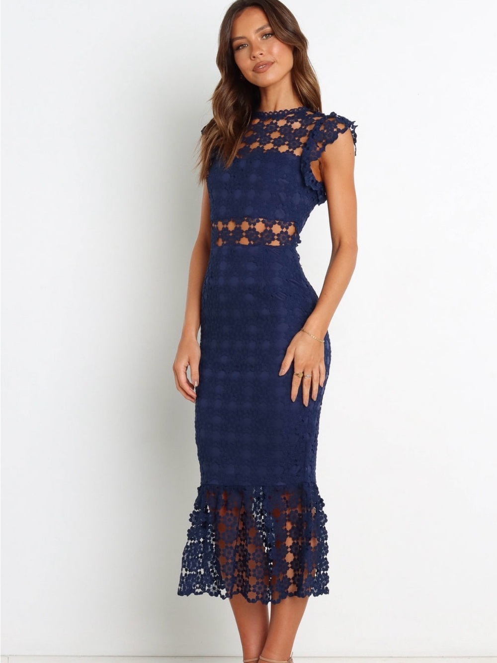 Petal & Pup Navy Lace Midi Dress with Floral Cutouts